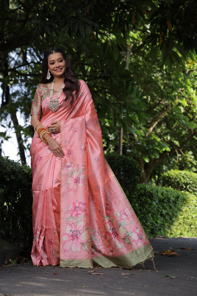 Peach Floral Printed Art Silk Saree (Eth_SR_259)