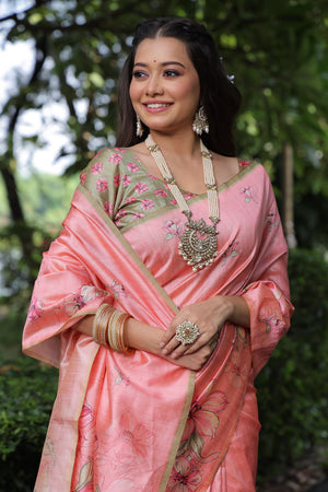 Peach Floral Printed Art Silk Saree (Eth_SR_259)