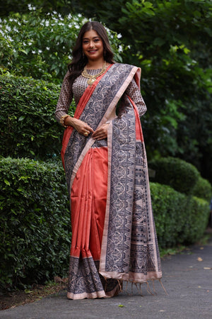 Orange Printed Art Silk Saree (Eth_SR_262)