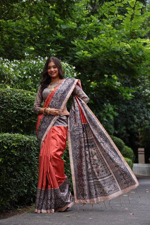 Orange Printed Art Silk Saree (Eth_SR_262)