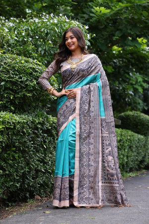 Turquoise Printed Art Silk Saree (Eth_SR_265)