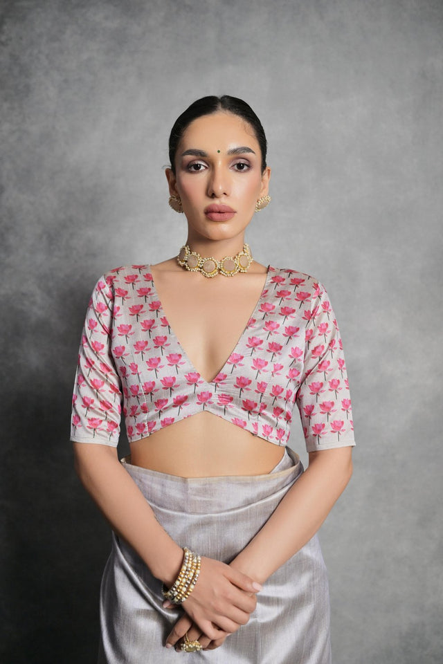 Grey Floral Printed Art Silk Saree (Eth_SR_285)