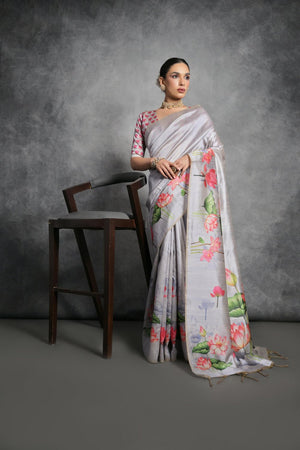 Grey Floral Printed Art Silk Saree (Eth_SR_285)