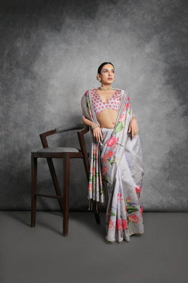 Grey Floral Printed Art Silk Saree (Eth_SR_285)