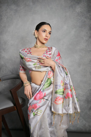 Grey Floral Printed Art Silk Saree (Eth_SR_285)