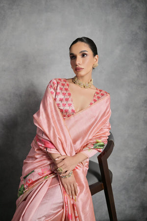 Peach Floral Printed Art Silk Saree (Eth_SR_286)