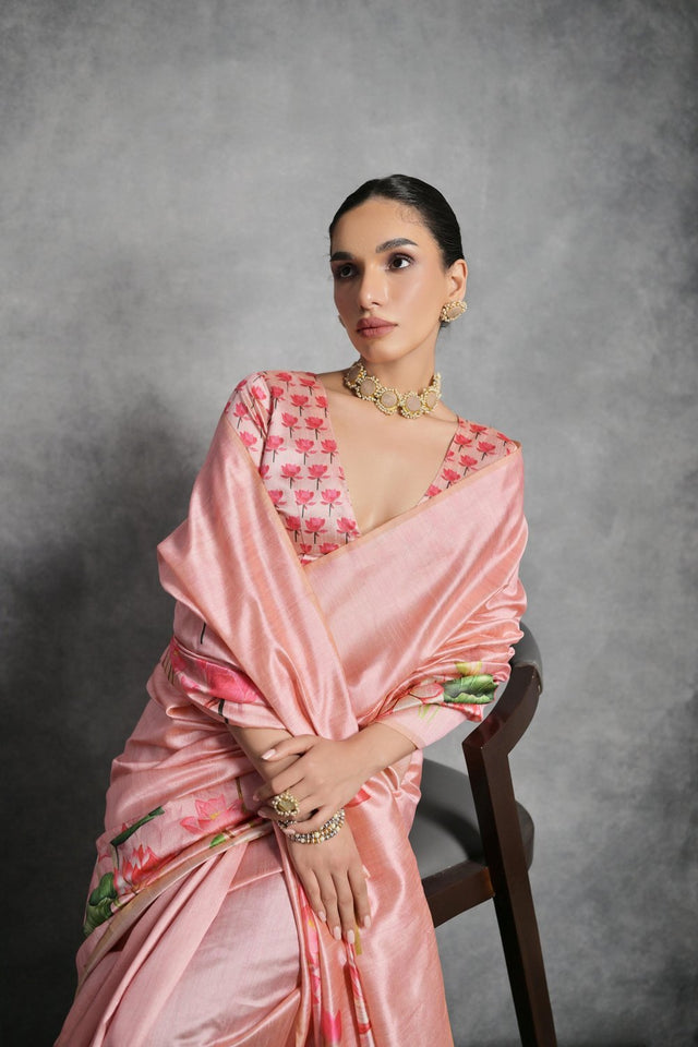 Peach Floral Printed Art Silk Saree (Eth_SR_286)