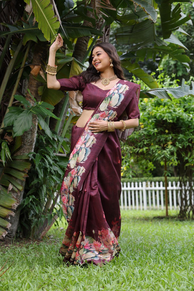 Wine Floral Printed Art Silk Saree (Eth_SR_293)