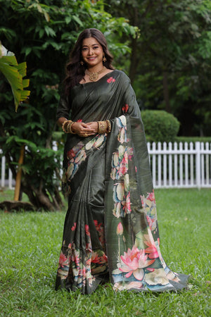 Grey Floral Printed Art Silk Saree (Eth_SR_294)