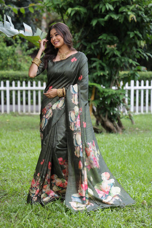 Grey Floral Printed Art Silk Saree (Eth_SR_294)