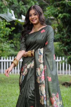 Grey Floral Printed Art Silk Saree (Eth_SR_294)