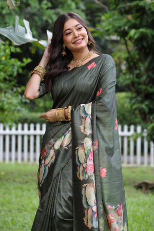 Grey Floral Printed Art Silk Saree (Eth_SR_294)