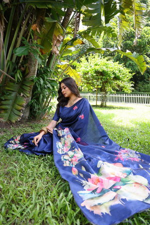 Blue Floral Printed Art Silk Saree (Eth_SR_296)