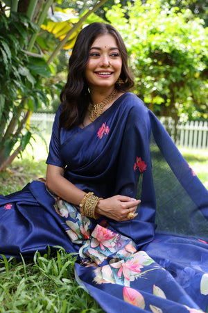 Blue Floral Printed Art Silk Saree (Eth_SR_296)