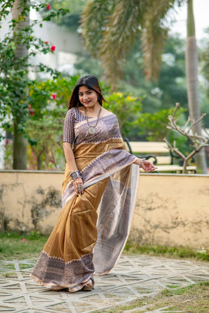Brown Printed Art Silk Saree (Eth_SR_307)