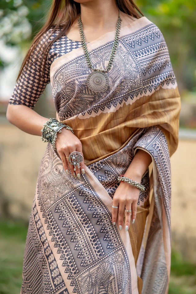 Brown Printed Art Silk Saree (Eth_SR_307)