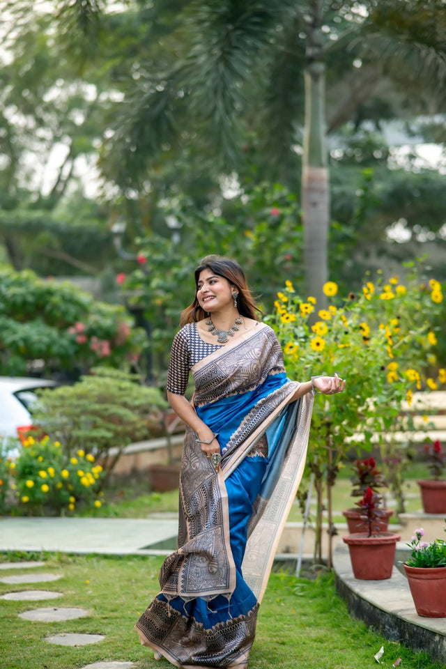 Blue Printed Art Silk Saree (Eth_SR_308)