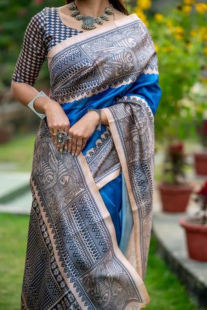 Blue Printed Art Silk Saree (Eth_SR_308)