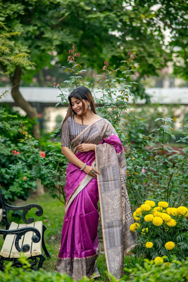 Wine Printed Art Silk Saree (Eth_SR_309)