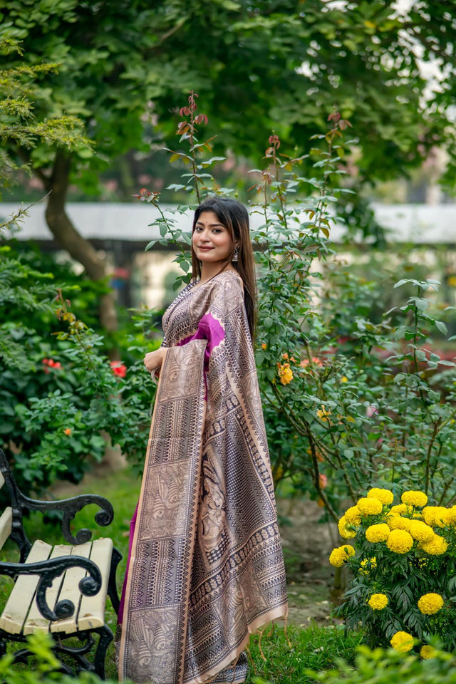 Wine Printed Art Silk Saree (Eth_SR_309)