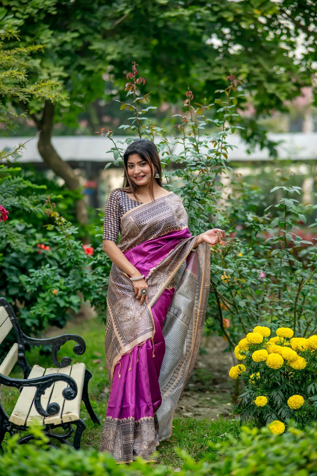 Wine Printed Art Silk Saree (Eth_SR_309)