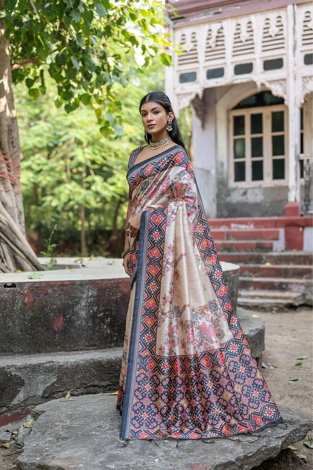 Black Floral Printed Art Silk Saree (Eth_SR_311)