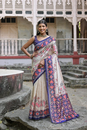 Blue Floral Printed Art Silk Saree (Eth_SR_312)