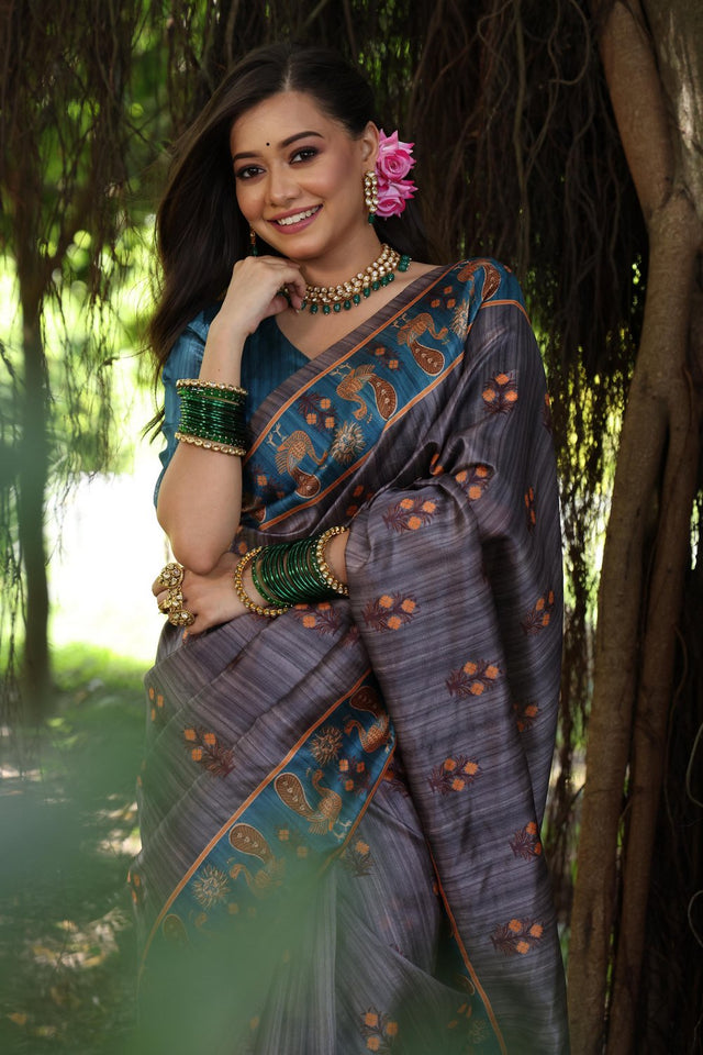 Grey Woven Art Silk Saree (Eth_SR_72)