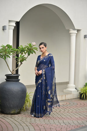 Blue Floral Woven Silk Blend Saree (Eth_SR_91)