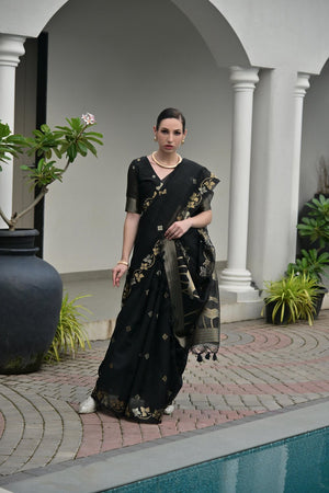 Black Floral Woven Silk Blend Saree (Eth_SR_92)