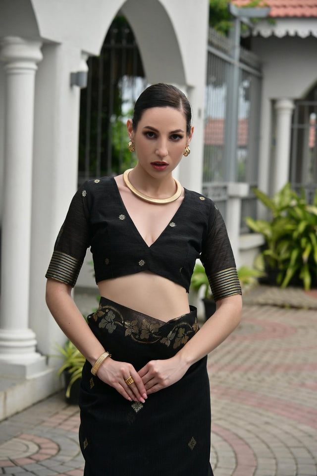 Black Floral Woven Silk Blend Saree (Eth_SR_92)