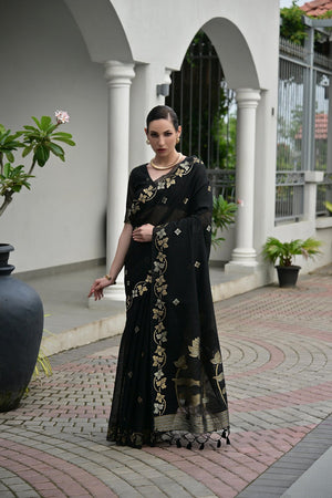 Black Floral Woven Silk Blend Saree (Eth_SR_92)