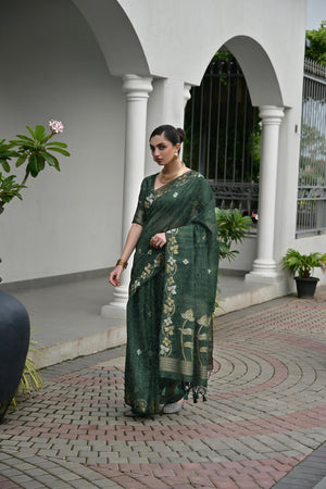 Green Floral Woven Silk Blend Saree (Eth_SR_93)