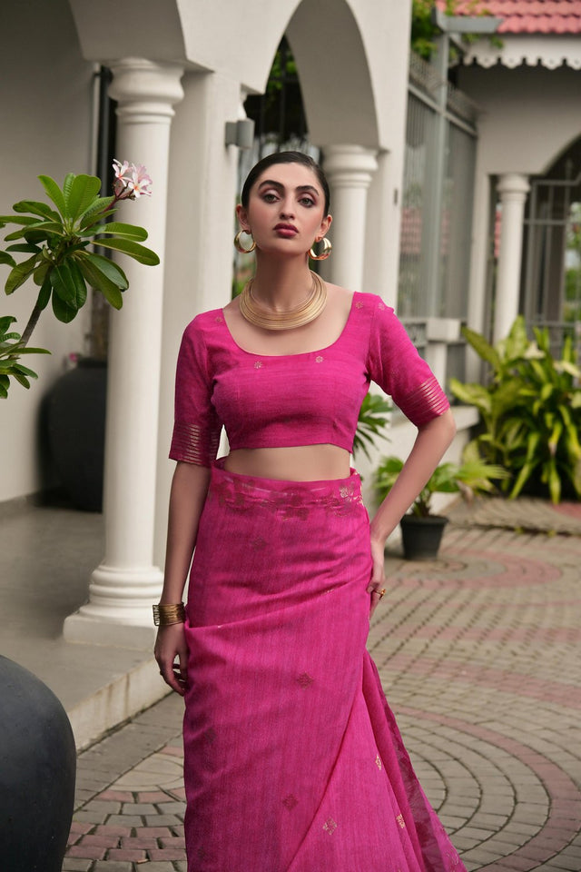 Pink Floral Woven Silk Blend Saree (Eth_SR_95)