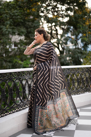 Black Line Printed Art Silk Saree (Eth_SR_96)