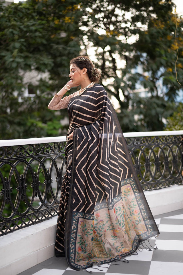 Black Line Printed Art Silk Saree (Eth_SR_96)
