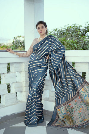 Grey Line Printed Art Silk Saree (Eth_SR_97)