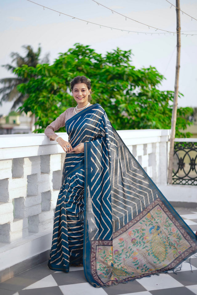 Grey Line Printed Art Silk Saree (Eth_SR_97)