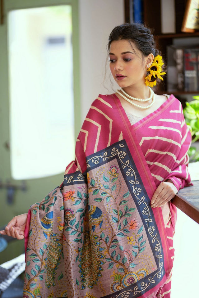 Magenta Line Printed Art Silk Saree (Eth_SR_99)