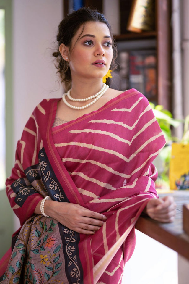 Magenta Line Printed Art Silk Saree (Eth_SR_99)