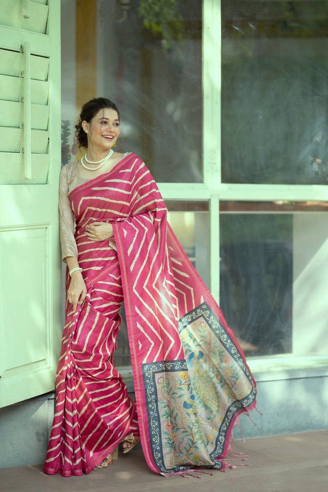 Magenta Line Printed Art Silk Saree (Eth_SR_99)
