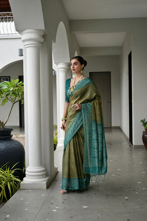 Green Geometric Printed Art Silk Saree (Eth_SR_104)