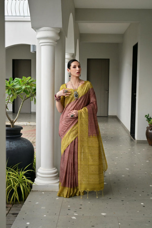 Mehendi Geometric Printed Art Silk Saree (Eth_SR_105)