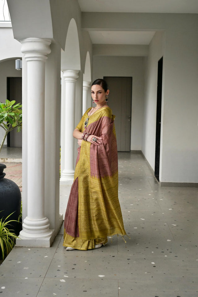 Mehendi Geometric Printed Art Silk Saree (Eth_SR_105)