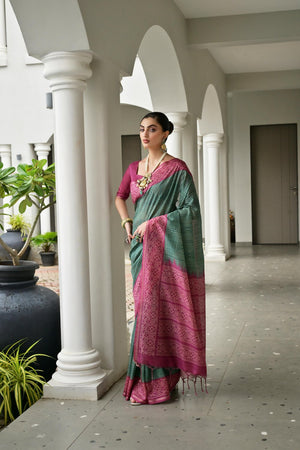 Green Geometric Printed Art Silk Saree (Eth_SR_106)