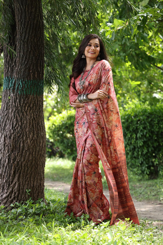 Multi Color Woven with Floral Printed Art Silk Saree (Eth_SR_112)