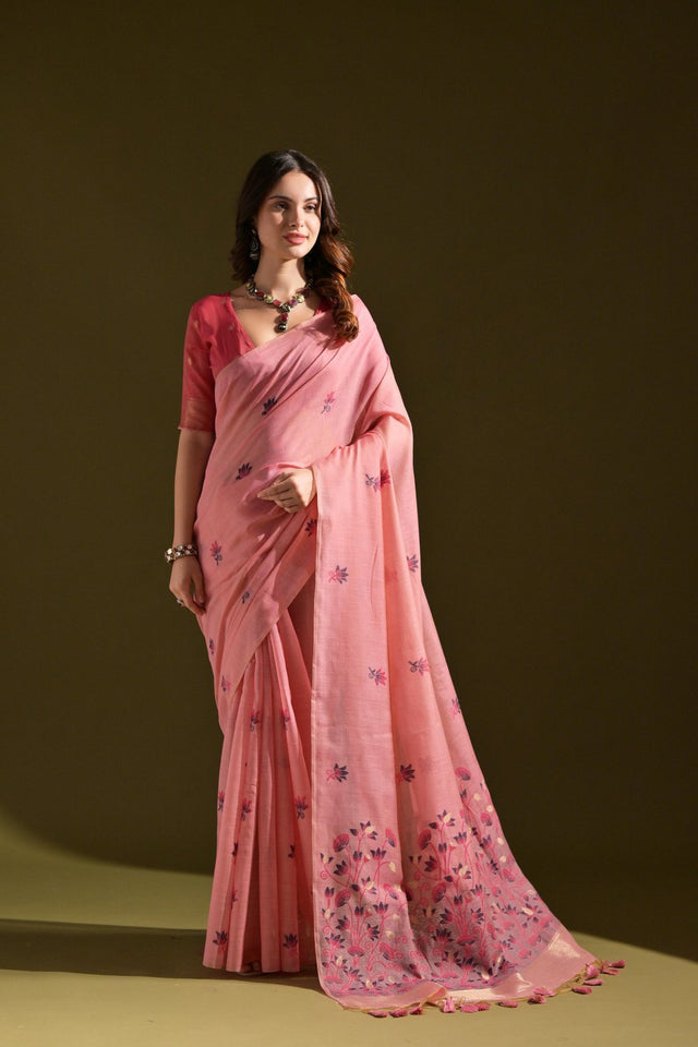 Pink Floral Woven Cotton Saree (Eth_SR_120)