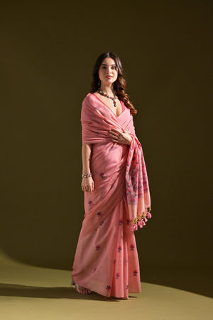 Pink Floral Woven Cotton Saree (Eth_SR_120)