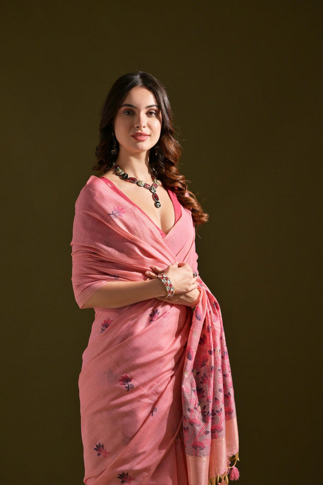 Pink Floral Woven Cotton Saree (Eth_SR_120)