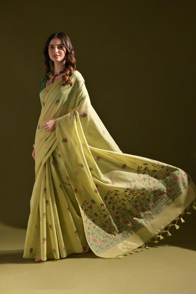 Yellow Floral Woven Cotton Saree (Eth_SR_121)